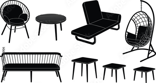 Silhouettes of modern furniture including woven chair, coffee table, sofa, egg chair, bench, and square tables, vector illustration for interior design themes