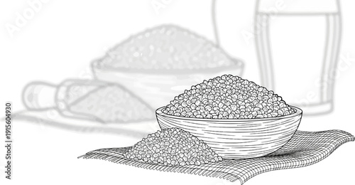 Line art illustration of a bowl of grains, with a scoop and a glass in the background