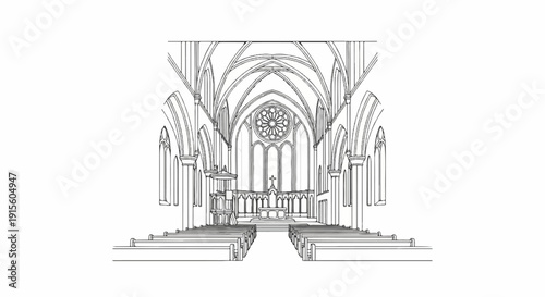 Interior view of a Gothic cathedral with arched ceilings, pews, and altar
