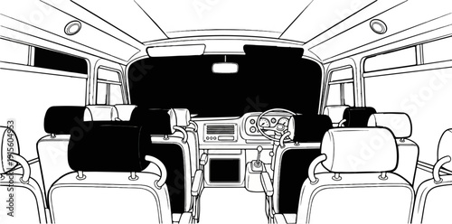 Interior view of a vehicle's passenger cabin with a dashboard and seats