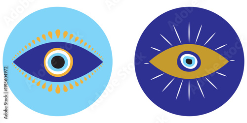 Icons of talismans for evil eye. Turkish or Greek symbols. Nazar, magic amulet, exoteric. Hand drawn blue mystical icons. Isolated vector illustration in doodle style.