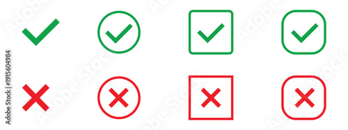 Check and cross icon vector set. Green tick and red x mark symbols for yes or no, right or wrong, success and failure, and task completion. Vector Illustration.