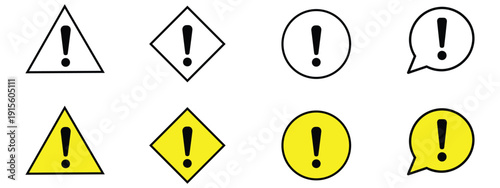 Warning and exclamation mark icon vector set. Hazard alert symbols for attention, danger notification, error message, and important info. Vector Illustration.