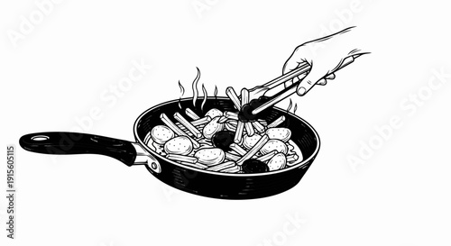 Hand using tongs to cook food in a frying pan