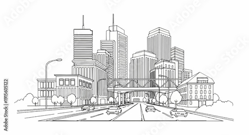 Line drawing of a modern city skyline with cars driving on a highway