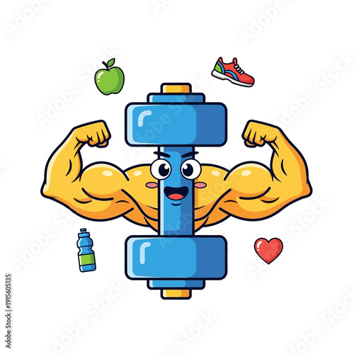 Cartoon Dumbbell Character with Muscles Flexed.