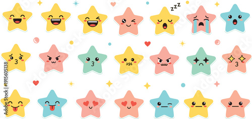 Pastel kawaii star emoji sticker set with cute facial expressions