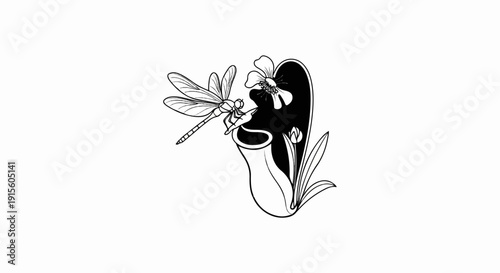 Line art illustration of a dragonfly on a pitcher plant with a flower