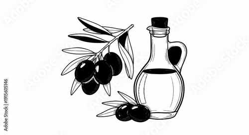 Line art illustration of a glass bottle with cork and olives on a branch