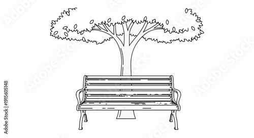 Line drawing of a park bench with a tree behind it