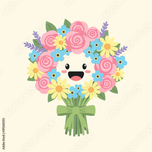 Cartoon Flower Bouquet with Happy Face.
