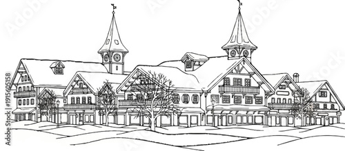 Line drawing of a picturesque European village with clock towers and gabled roofs