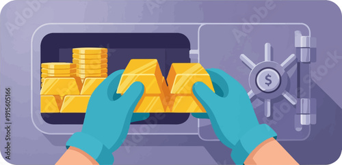 Hands in gloves putting gold bars into an open safe with a money symbol on the dial