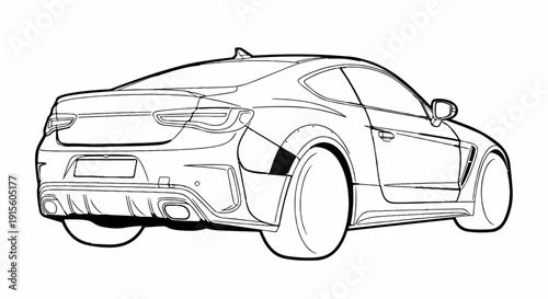 Line drawing of a sporty coupe with wide fenders and large wheels