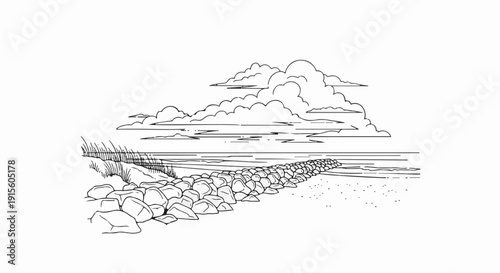 Line drawing of a rocky shoreline with grass under a cloudy sky