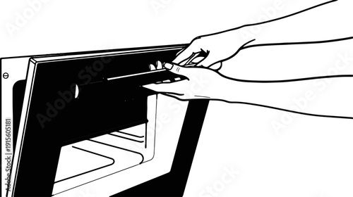 Hands manipulating an oven door handle with interior visible