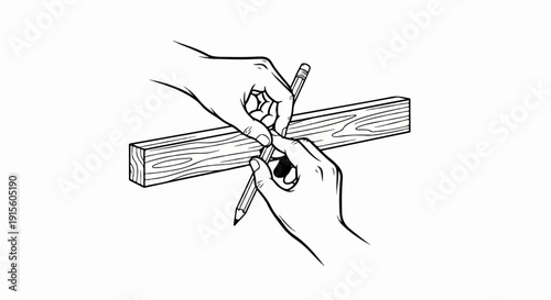 Hands mark a wooden plank with pencils for precise cuts