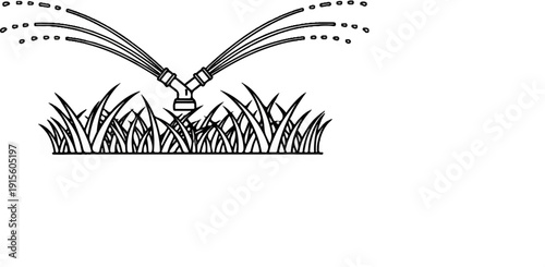 Line drawing of a sprinkler watering grass with water droplets