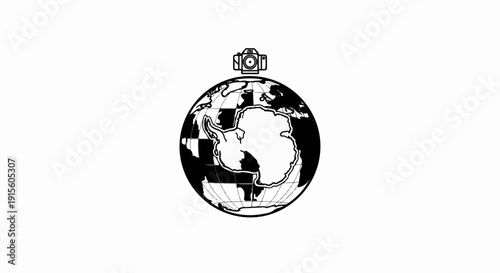 Iconic globe with Antarctica prominently displayed, topped by a camera