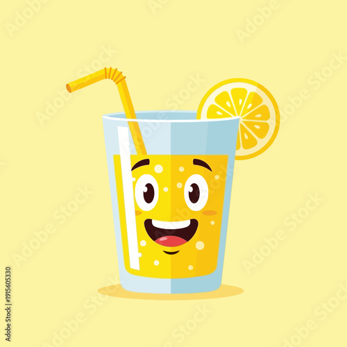 Cartoon Lemonade Glass with Straw and Slice.