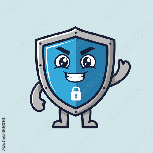 Cartoon Shield Character with Lock Symbol.