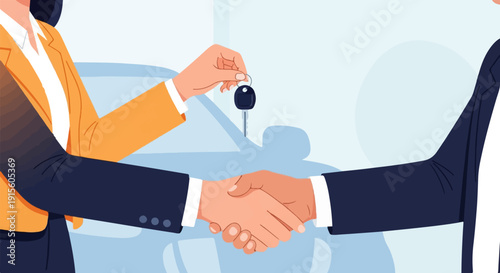 Hands shaking, car key exchange in a business transaction