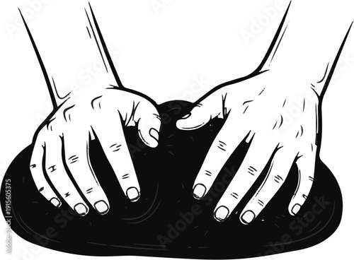 Hands shaping dark, textured material with detailed lines