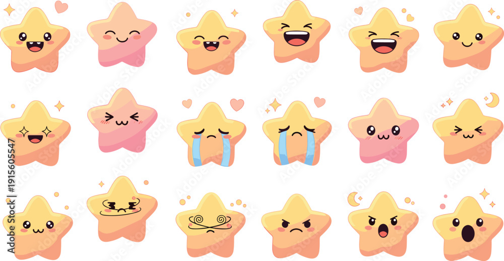 Fototapeta premium Kawaii star emoji sticker set with cute cartoon facial expressions