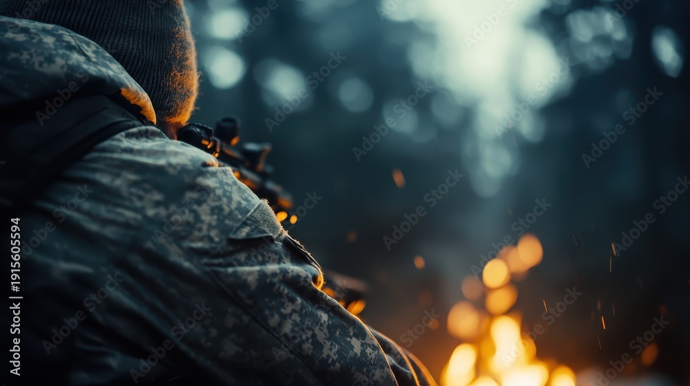 Obraz premium A soldier preparing to aim a rifle in a forested area illuminated by campfire light, emphasizing themes of focus, readiness, and the challenges of military life.