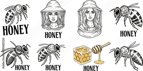 Hand-drawn bees and beekeepers with honey pot and dipper