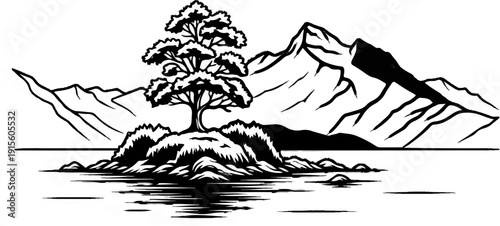 Isolated tree on rocky island with mountain backdrop and water reflection