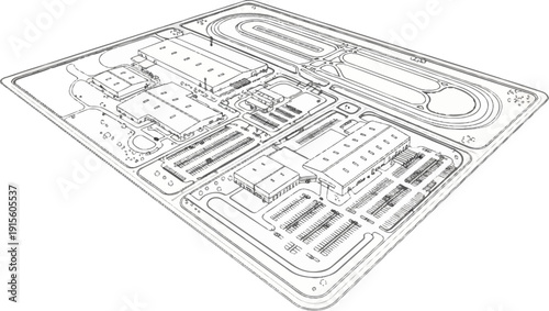 Wallpaper Mural Isometric architectural sketch of a sprawling industrial complex with car parks Torontodigital.ca