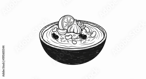 Hand-drawn black and white illustration of a rustic bowl filled with a savory dip