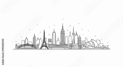 Iconic city skylines from around the world are depicted in a minimalist black and white line drawing