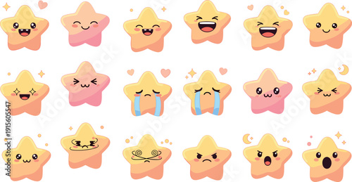 Kawaii star emoji sticker set with cute cartoon facial expressions