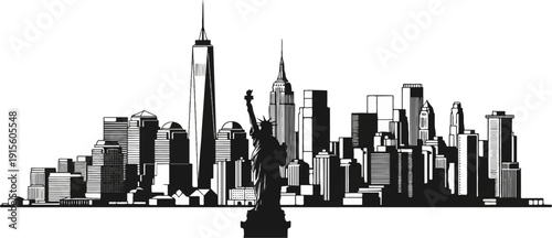 Iconic city skyline illustration with prominent skyscrapers and a famous statue