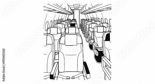 Interior of an empty passenger airplane with rows of seats