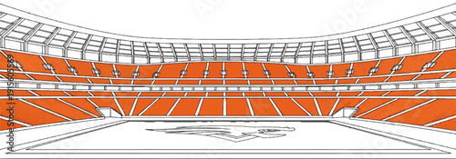 Interior of an empty, bright orange stadium, viewed from the field