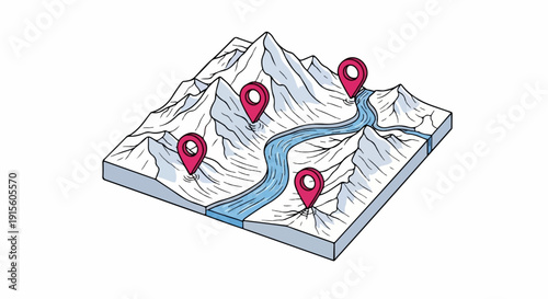 Isometric map illustration shows snowy mountains, a winding river, and four location pins