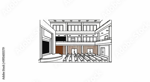 Interior of an auditorium with tiered seating and a stage