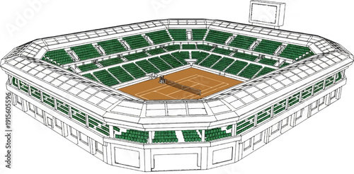 Isometric view of a tennis stadium with clay court and green seats