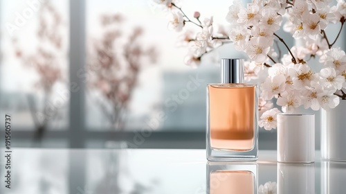 A stylish glass perfume bottle set beside beautiful cherry blossoms, capturing elegance and the essence of femininity in a bright, airy setting.