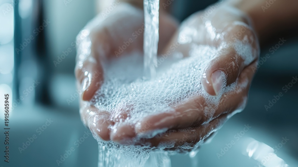 Fototapeta premium Gentle hands wash under running water, showcasing the importance of hygiene and cleanliness, with soap bubbles emphasizing the act of caring for oneself and health.