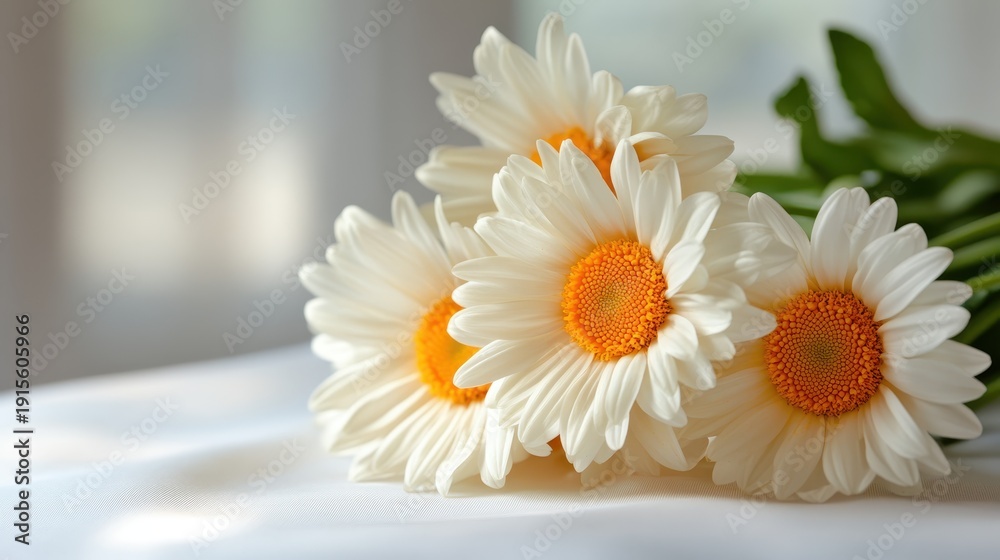 Obraz premium A beautiful close-up of white daisies with bright yellow centers, exuding freshness and natural beauty, perfect for evoking feelings of joy and simplicity in any art piece.