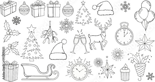 Hand-drawn Christmas and New Year's icons with gifts, trees, reindeer, and festive decor