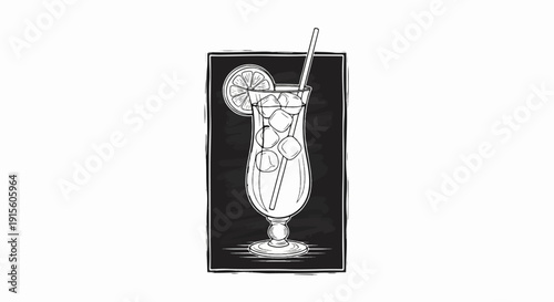 Hand-drawn cocktail with ice and lemon slice on chalkboard