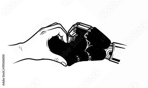Human and robot hands forming a heart shape against a white background