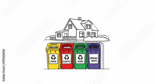 House with four recycling bins for paper, plastic, glass, and organic waste