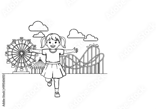 Happy girl with arms outstretched in front of rides and clouds