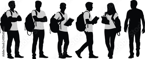 Diverse group of student silhouettes carrying backpacks and books standing together representing education, campus life, university students, and back to school.